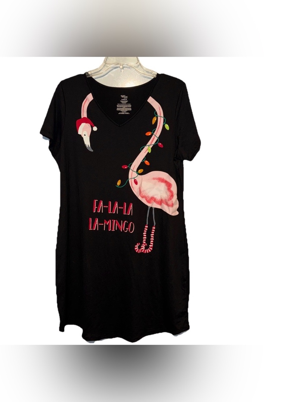 Womens Black Pink Flamingo Nightgown Holiday Sleepshirt Sleep Shirt Sz Small